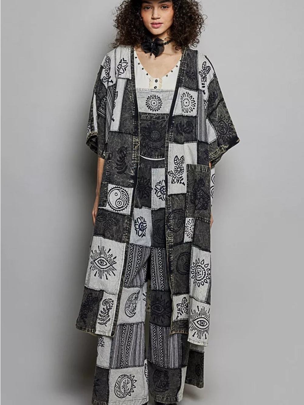 POL Open Front Printed Patchwork Longline Cardigan